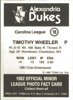 1982 TCMA Alexandria Dukes #18 Timothy Wheeler Back