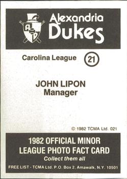1982 TCMA Alexandria Dukes #21 John Lipon Back