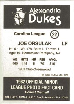 1982 TCMA Alexandria Dukes #22 Joe Orsulak Back