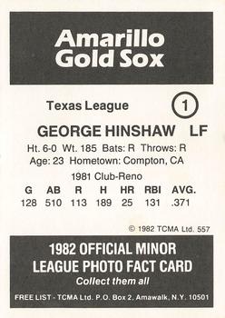 1982 TCMA Amarillo Gold Sox #1 George Hinshaw Back