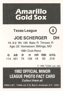 1982 TCMA Amarillo Gold Sox #4 Joe Scherger Back