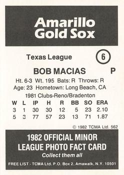 1982 TCMA Amarillo Gold Sox #6 Bob Macias Back