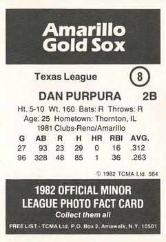 1982 TCMA Amarillo Gold Sox #8 Dan Purpura Back