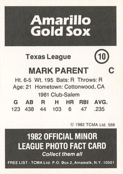 1982 TCMA Amarillo Gold Sox #10 Mark Parent Back