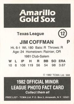 1982 TCMA Amarillo Gold Sox #12 Jim Coffman Back