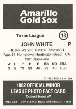 1982 TCMA Amarillo Gold Sox #13 John White Back