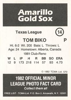 1982 TCMA Amarillo Gold Sox #14 Tom Biko Back