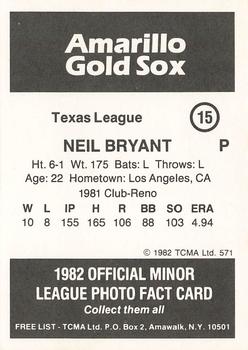 1982 TCMA Amarillo Gold Sox #15 Neil Bryant Back