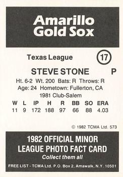 1982 TCMA Amarillo Gold Sox #17 Steve Stone Back
