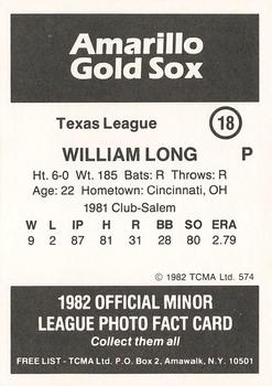 1982 TCMA Amarillo Gold Sox #18 Bill Long Back