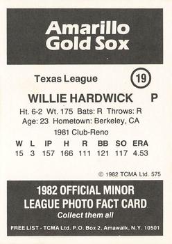 1982 TCMA Amarillo Gold Sox #19 Willie Hardwick Back