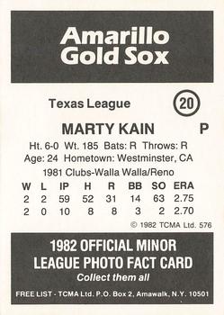 1982 TCMA Amarillo Gold Sox #20 Marty Kain Back