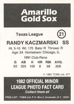 1982 TCMA Amarillo Gold Sox #21 Randy Kaczmarski Back