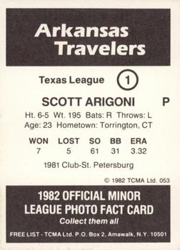 1982 TCMA Arkansas Travelers #1 Scott Arigoni Back
