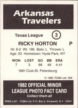 1982 TCMA Arkansas Travelers #3 Ricky Horton Back