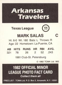 1982 TCMA Arkansas Travelers #11 Mark Salas Back