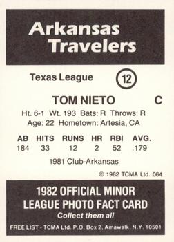 1982 TCMA Arkansas Travelers #12 Tom Nieto Back