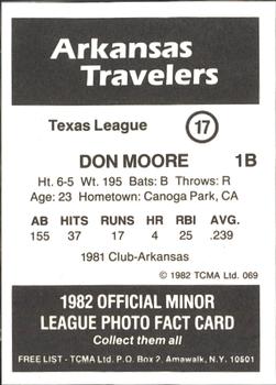 1982 TCMA Arkansas Travelers #17 Don Moore Back