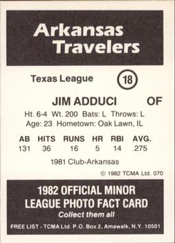 1982 TCMA Arkansas Travelers #18 Jim Adduci Back