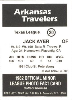 1982 TCMA Arkansas Travelers #20 Jack Ayer Back