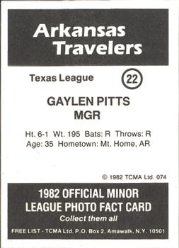 1982 TCMA Arkansas Travelers #22 Gaylen Pitts Back