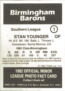 1982 TCMA Birmingham Barons #1 Stan Younger Back