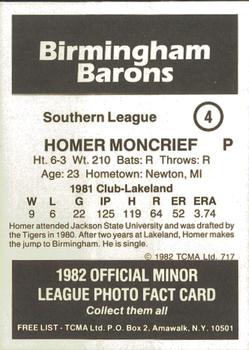 1982 TCMA Birmingham Barons #4 Homer Moncrief Back