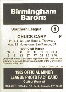 1982 TCMA Birmingham Barons #9 Chuck Cary Back
