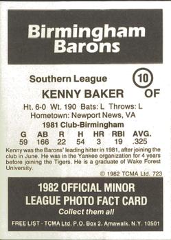 1982 TCMA Birmingham Barons #10 Kenny Baker Back