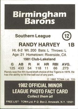1982 TCMA Birmingham Barons #12 Randy Harvey Back