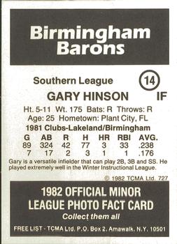 1982 TCMA Birmingham Barons #14 Gary Hinson Back