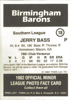 1982 TCMA Birmingham Barons #18 Jerry Bass Back