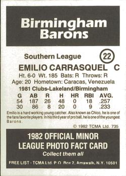 1982 TCMA Birmingham Barons #22 Emilio Carrasquel Back