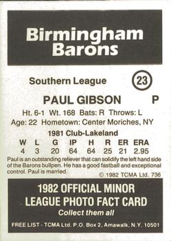 1982 TCMA Birmingham Barons #23 Paul Gibson Back