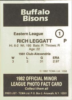 1982 TCMA Buffalo Bisons #1 Rich Leggatt Back
