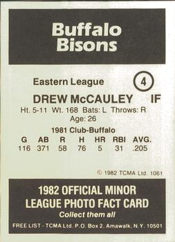 1982 TCMA Buffalo Bisons #4 Drew Macauley Back