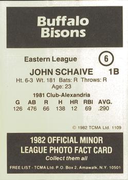 1982 TCMA Buffalo Bisons #6 John Schaive Back
