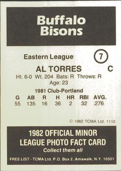 1982 TCMA Buffalo Bisons #7 Al Torres Back