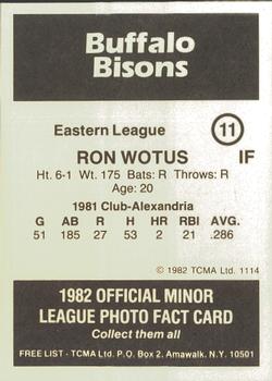 1982 TCMA Buffalo Bisons #11 Ron Wotus Back