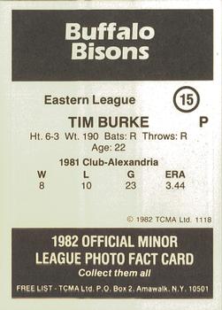1982 TCMA Buffalo Bisons #15 Tim Burke Back