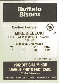 1982 TCMA Buffalo Bisons #16 Mike Bielecki Back