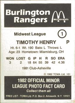 1982 TCMA Burlington Rangers #1 Timothy Henry Back