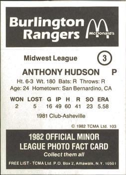 1982 TCMA Burlington Rangers #3 Anthony Hudson Back