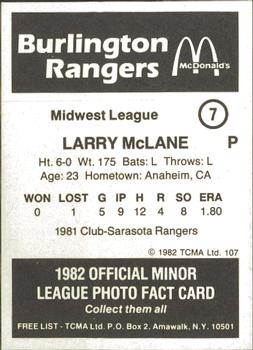 1982 TCMA Burlington Rangers #7 Larry McLane Back