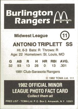 1982 TCMA Burlington Rangers #11 Antonio Triplett Back