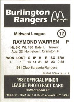 1982 TCMA Burlington Rangers #12 Raymond Warren Back