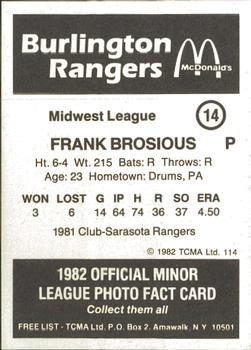 1982 TCMA Burlington Rangers #14 Frank Brosious Back