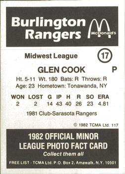 1982 TCMA Burlington Rangers #17 Glen Cook Back
