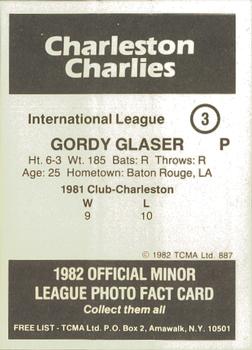1982 TCMA Charleston Charlies #3 Gordy Glaser Back