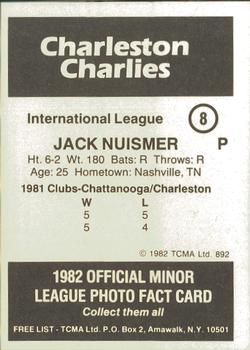 1982 TCMA Charleston Charlies #8 Jack Nuismer Back